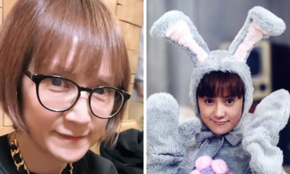 若い頃の鈴木蘭々（右：『ポンキッキーズ』のシスターラビッツ衣装）と現在（左：メガネ姿の自撮り）を並べた比較画像。元気なバラドル時代と落ち着いた大人の雰囲気の違いがわかる。