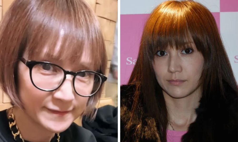 現在の鈴木蘭々（左：メガネ姿の自撮り）と、2003年のサマンサタバサイベント出演時（右：ロングヘアで落ち着いた雰囲気）を並べた比較画像。大人っぽさへの変化がわかる。