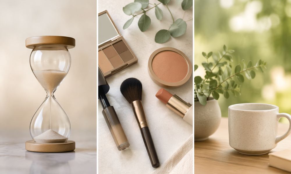 年齢・メイク・ライフスタイルの変化をイメージした静物構成。砂時計、化粧品、自然な植物とカップが並び、時間の経過とナチュラルな変化を表現したビジュアル。