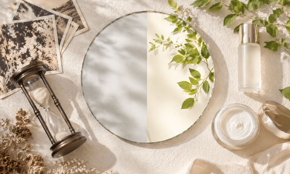 時間の経過と現在のケアを表現した静物イメージ。アンティークの砂時計や古い写真と、グリーンやスキンケア用品が並び、変化と自然な美しさを象徴している。