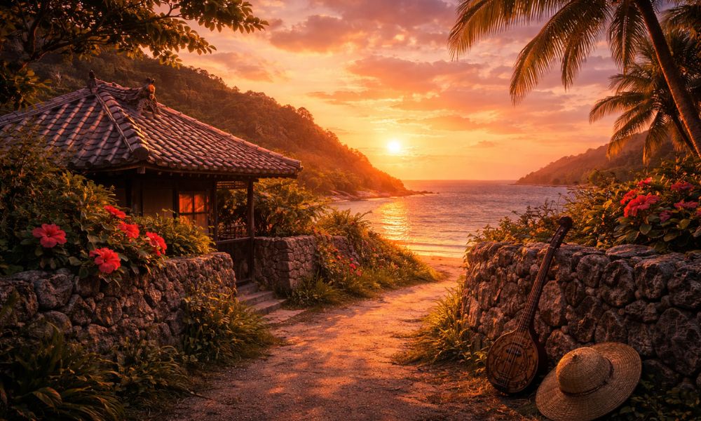奄美の海辺に続く石垣の小道と伝統的な家屋、夕日に染まる海と三味線が置かれた風景、城南海のルーツをイメージした写真