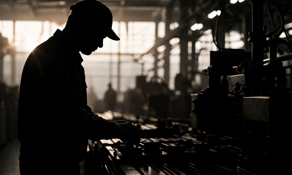 工場内で機械作業を行う作業員のシルエットを描いた製造業イメージの横長画像