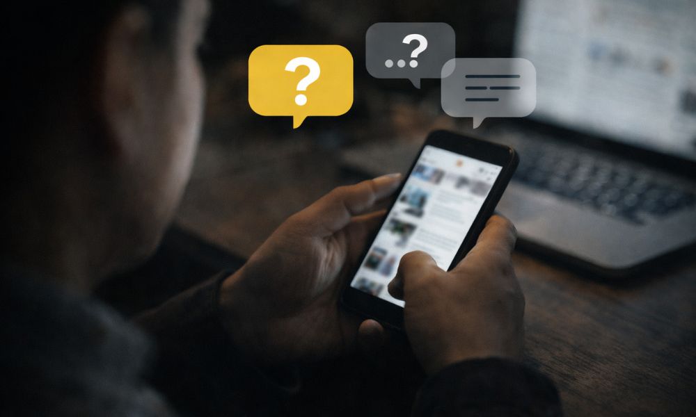 スマートフォンで情報を検索する人物と疑問を表す吹き出しを重ねた話題拡散のイメージ画像