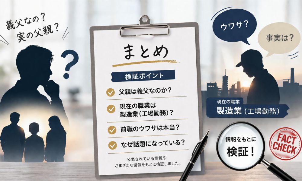 父親が義父かどうかや職業・前職の情報を検証し整理した内容をイメージしたまとめ用の横長画像