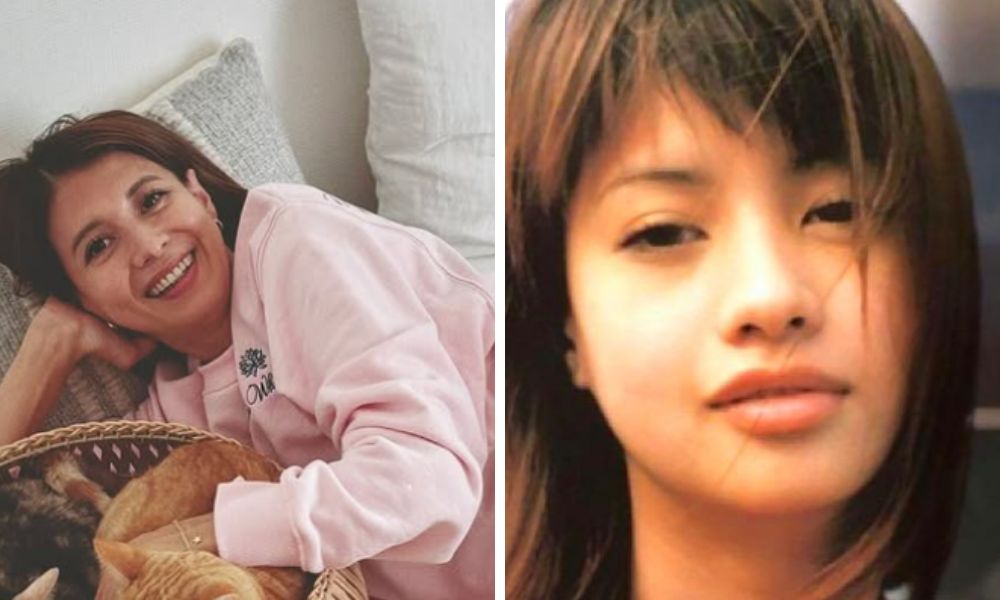 1997年と2025年の吉川ひなのの比較画像。若い頃のナチュラルメイクのアップ写真と、現在のリラックスした笑顔の自然体ショットを並べたビジュアル。