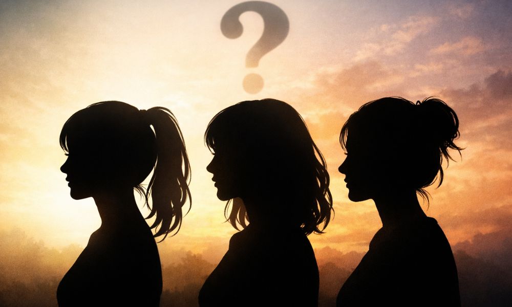 異なる年代をイメージした3人の女性の横顔シルエットが並び、顔の変化や印象の違いを象徴的に表現したビジュアル。