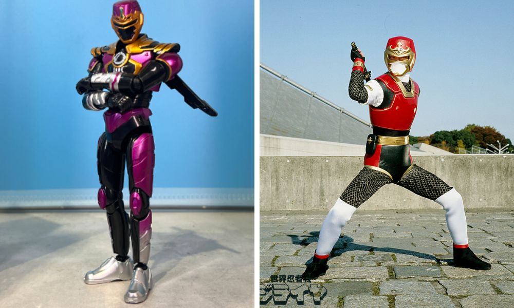 ギャバンライヤとジライヤの全身比較画像、メタリックな紫スーツと忍者風装束の違いがわかるビジュアル