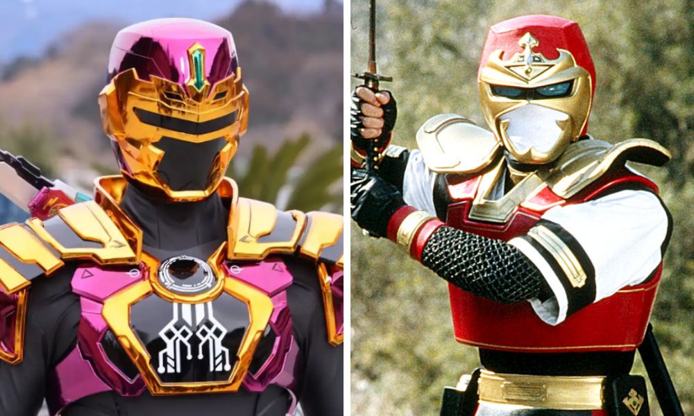 ギャバンライヤとジライヤの上半身比較画像、メタリックなフルフェイスヘルメットと忍者風マスクの違いがわかるビジュアル