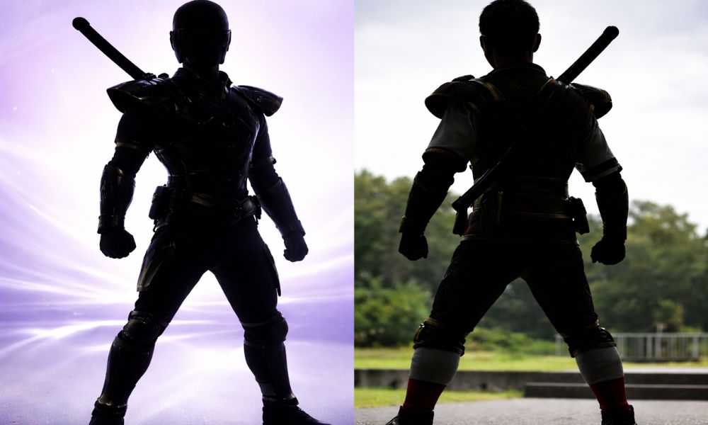 メタリック装甲と布装束の違いがわかる忍者風ヒーローのシルエット比較画像