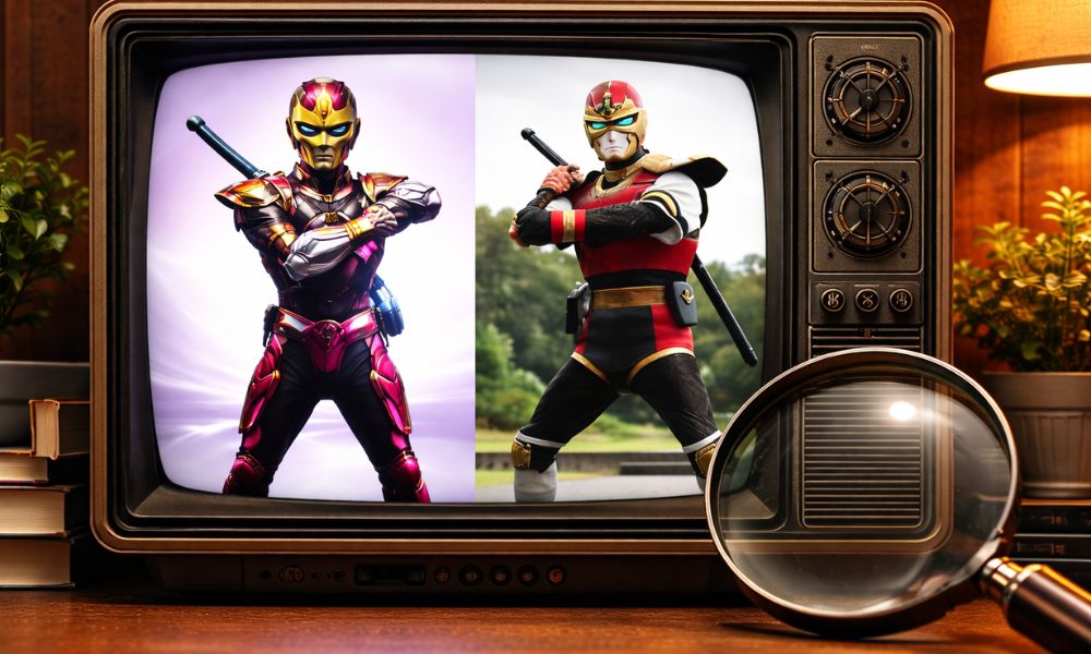 昭和のブラウン管テレビと虫眼鏡でヒーローを比較しているイメージのリアル風画像