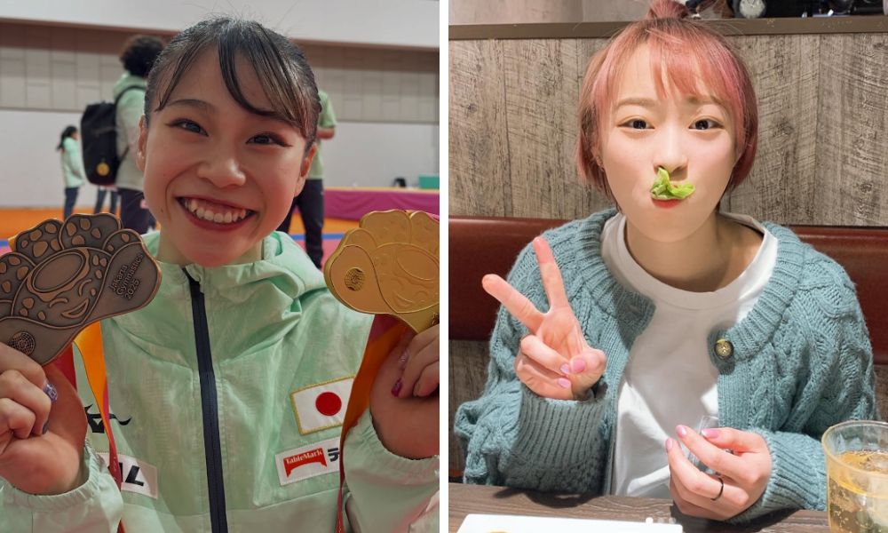 メダルを手に笑顔を見せる杉原愛子選手と、食事中にピースサインをする平岩優奈選手の写真